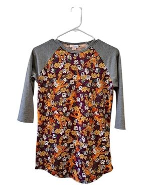 LuLaRoe Randy Floral Bambi Raglan Top in Purple, Orange, Gray Size XS